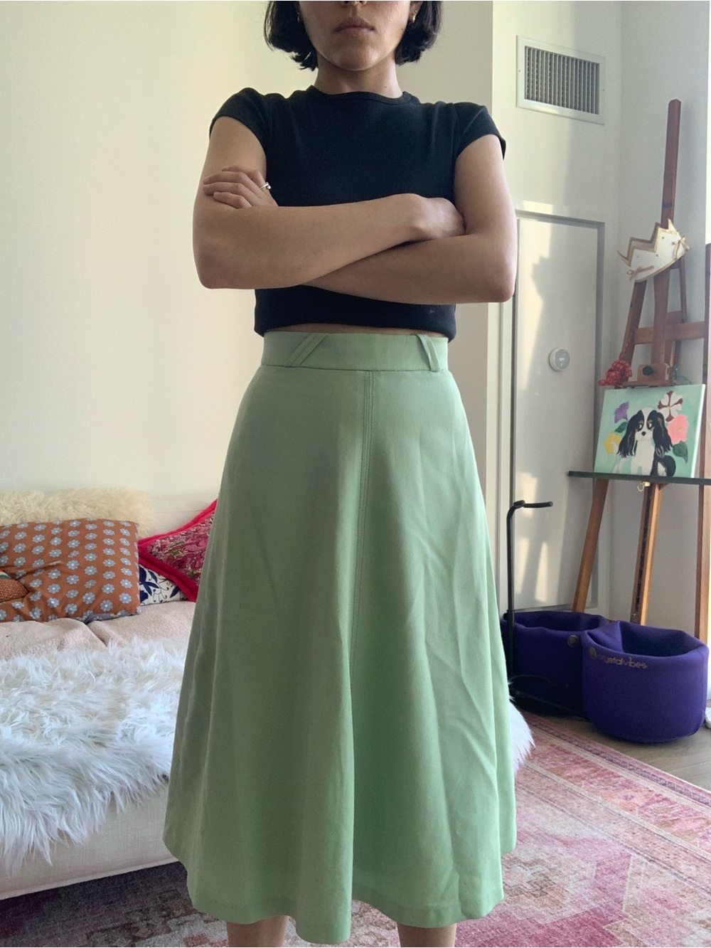 Vintage Wool Light Green A-Line Midi Skirt